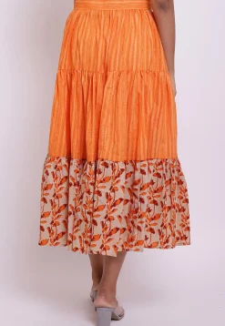 Block Printed Cotton Tiered Skirt in Orange and Beige