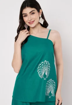 Block Printed Cotton Top in Teal Green