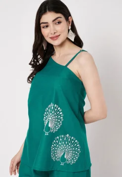 Block Printed Cotton Top in Teal Green