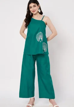 Block Printed Cotton Top in Teal Green