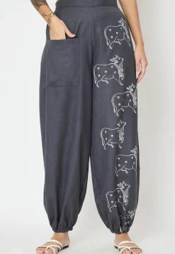 Block Printed Cotton Trouser in Dark Grey