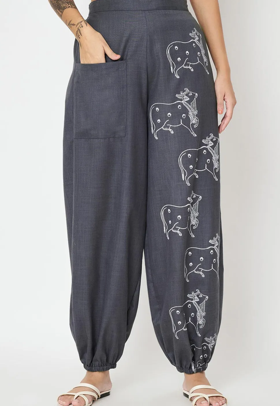 Block Printed Cotton Trouser in Dark Grey