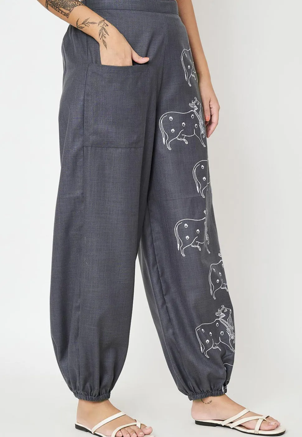 Block Printed Cotton Trouser in Dark Grey