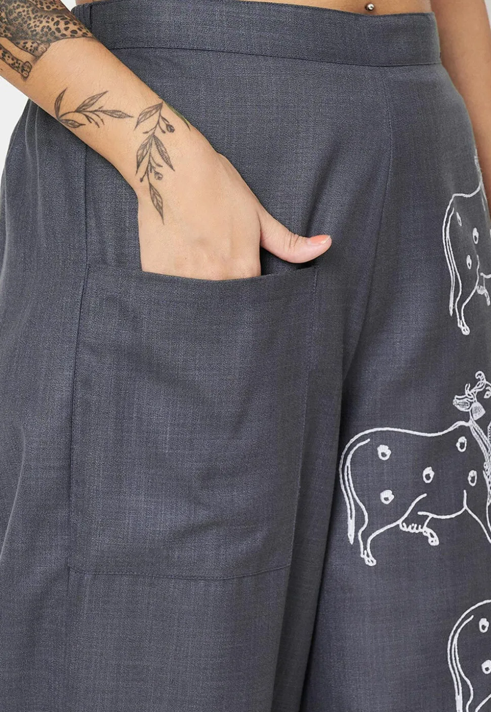 Block Printed Cotton Trouser in Dark Grey
