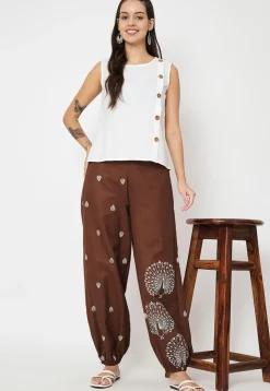 Block Printed Cotton Trouser in Dark Brown