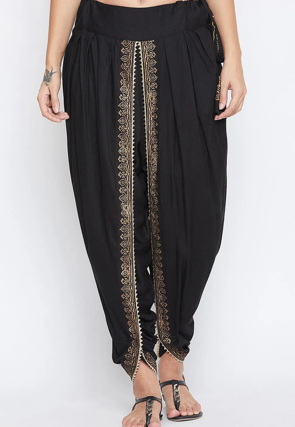 Block Printed Cotton Viscose Dhoti Pant in Black