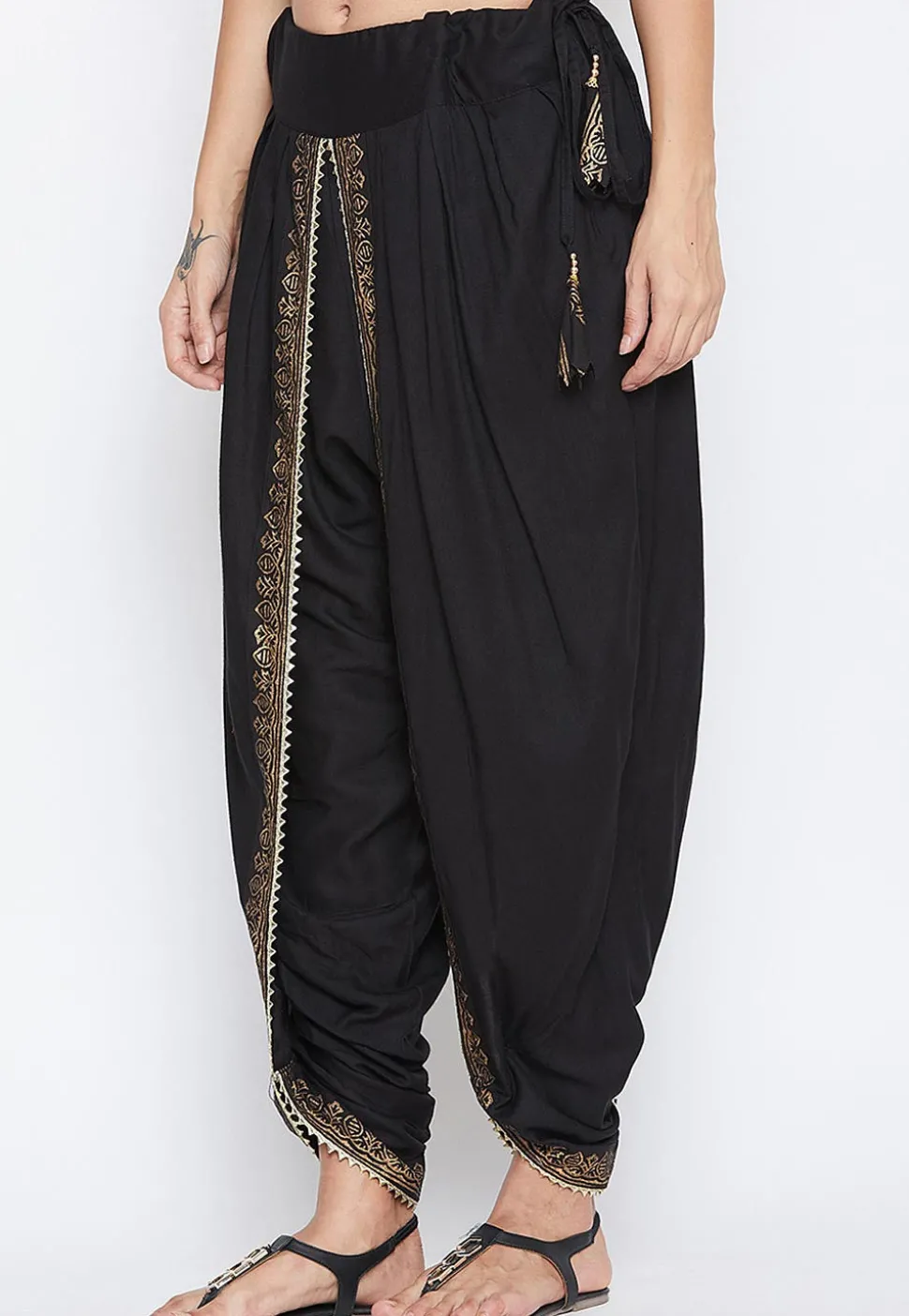 Block Printed Cotton Viscose Dhoti Pant in Black