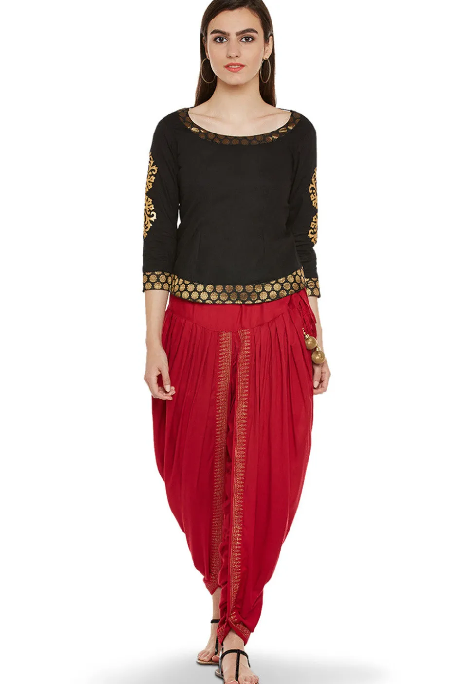 Block Printed Cotton Viscose Dhoti in Red