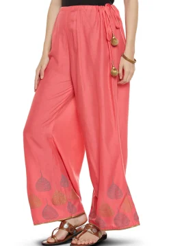 Block Printed Cotton Viscose Palazzo in Coral Pink