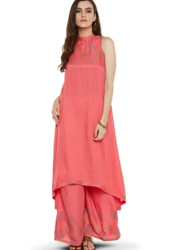 Block Printed Cotton Viscose Palazzo in Coral Pink