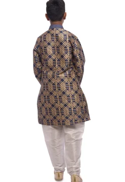 Block Printed Dupion Silk Kurta Set in Navy Blue