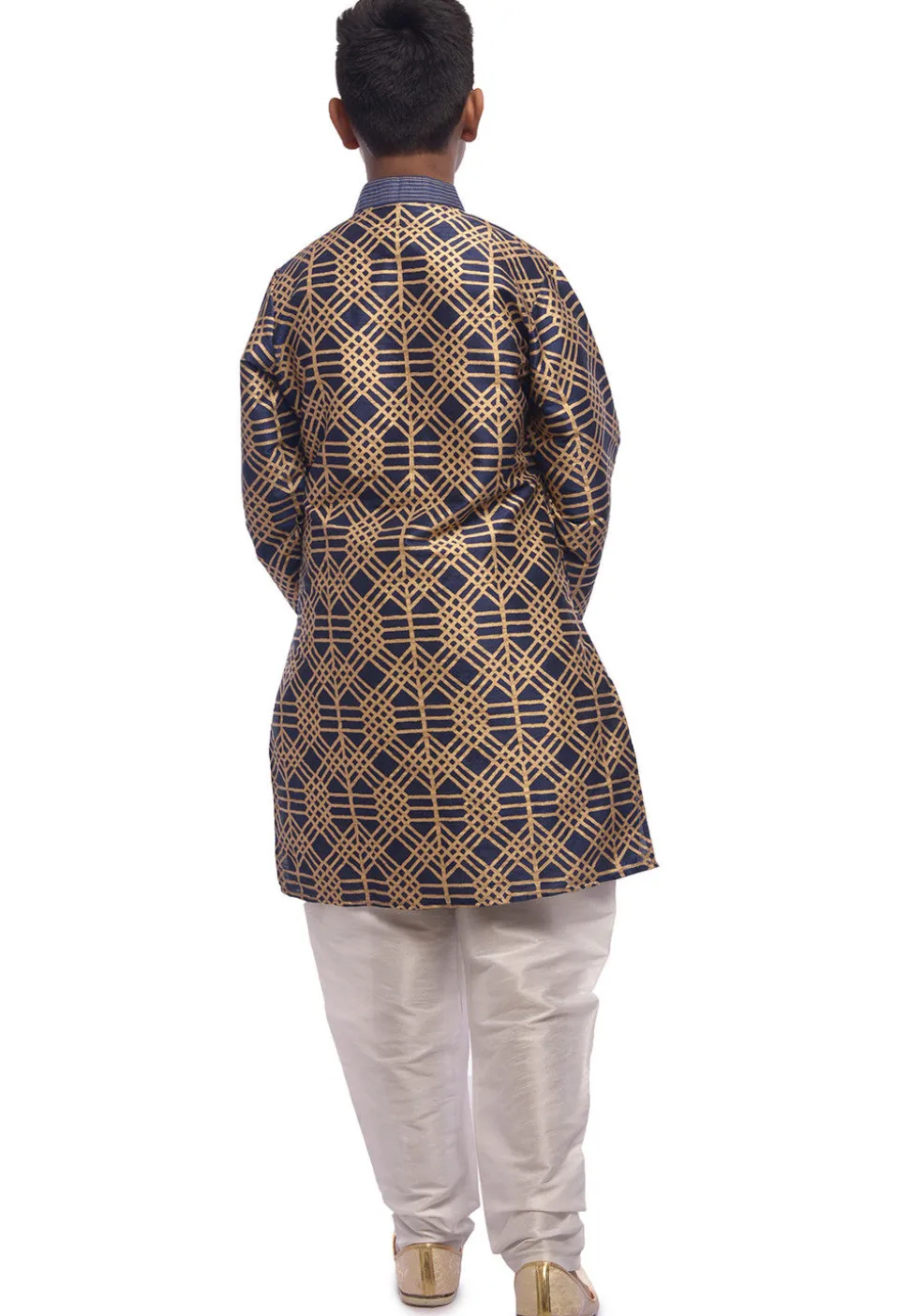 Block Printed Dupion Silk Kurta Set in Navy Blue