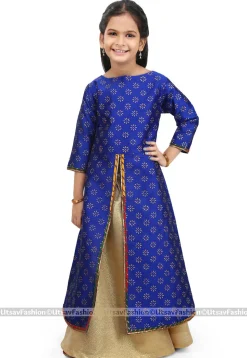 Block Printed Dupion Silk Jacket Style Lehenga in Royal Blue