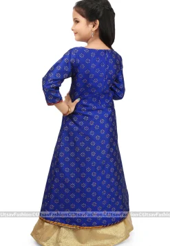 Block Printed Dupion Silk Jacket Style Lehenga in Royal Blue
