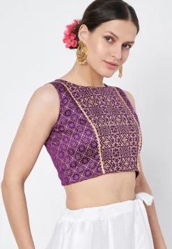 Block Printed Dupion Silk Blouse in Dark Purple