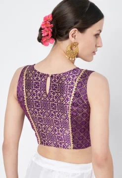 Block Printed Dupion Silk Blouse in Dark Purple