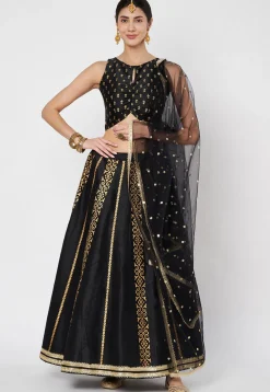 Block Printed Dupion Silk Lehenga in Black