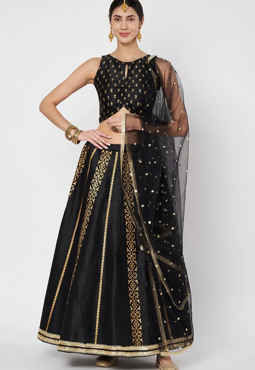 Block Printed Dupion Silk Lehenga in Black