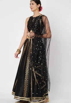 Block Printed Dupion Silk Lehenga in Black