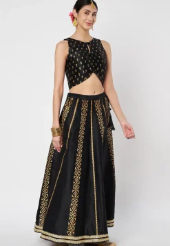 Block Printed Dupion Silk Lehenga in Black