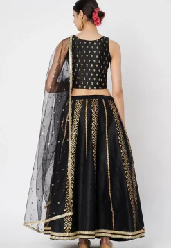 Block Printed Dupion Silk Lehenga in Black