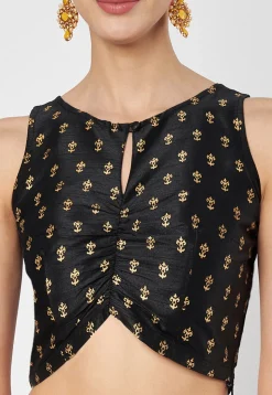 Block Printed Dupion Silk Lehenga in Black
