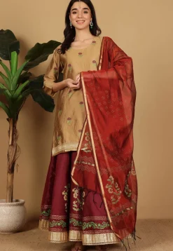 Block Printed Dupion Silk Lehenga in Maroon