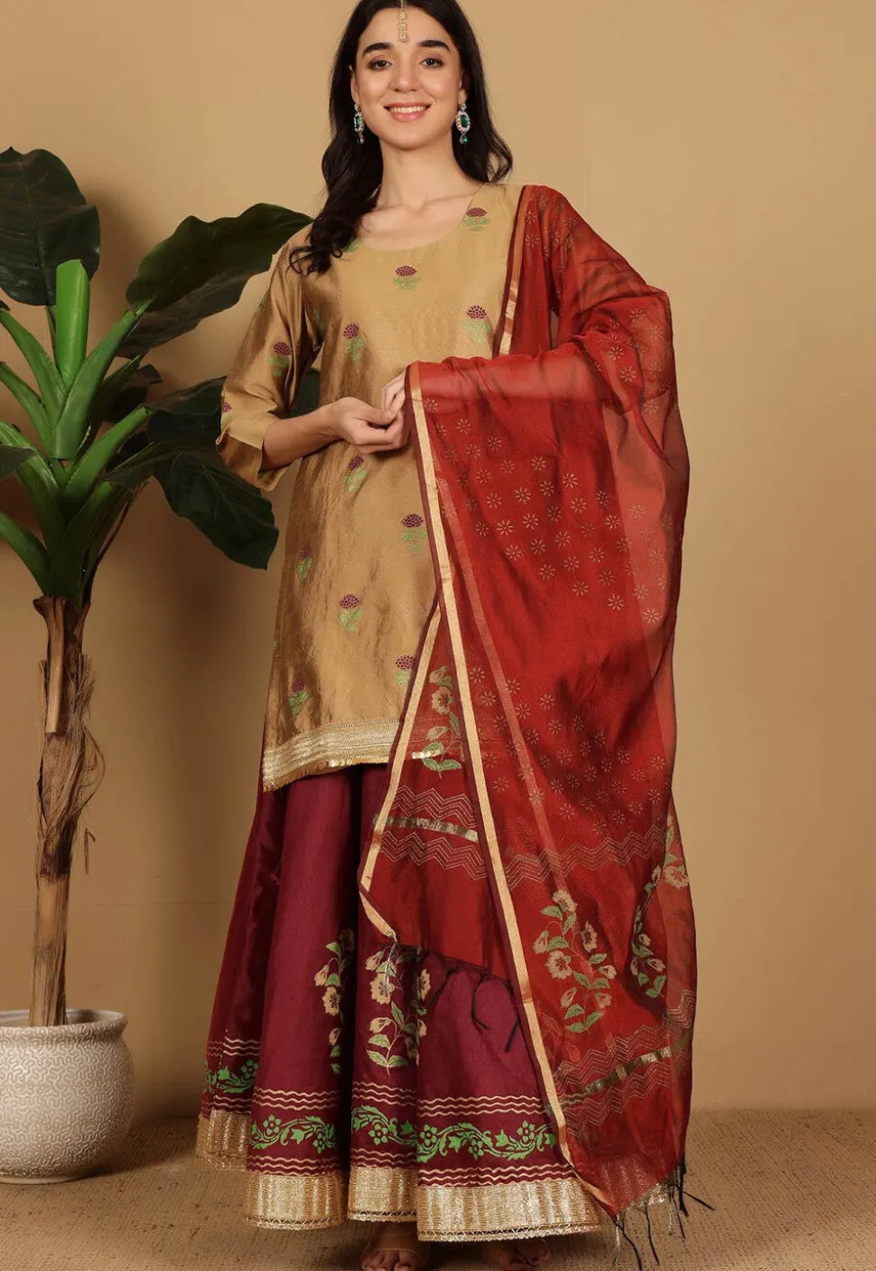 Block Printed Dupion Silk Lehenga in Maroon