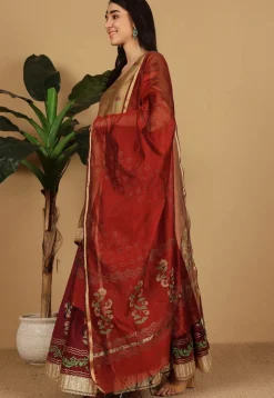 Block Printed Dupion Silk Lehenga in Maroon