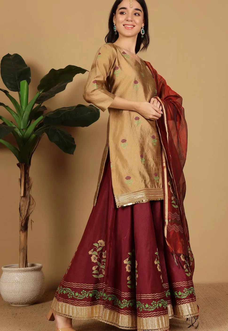 Block Printed Dupion Silk Lehenga in Maroon