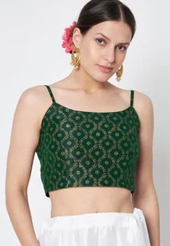 Block Printed Dupion Silk Blouse in Dark Green