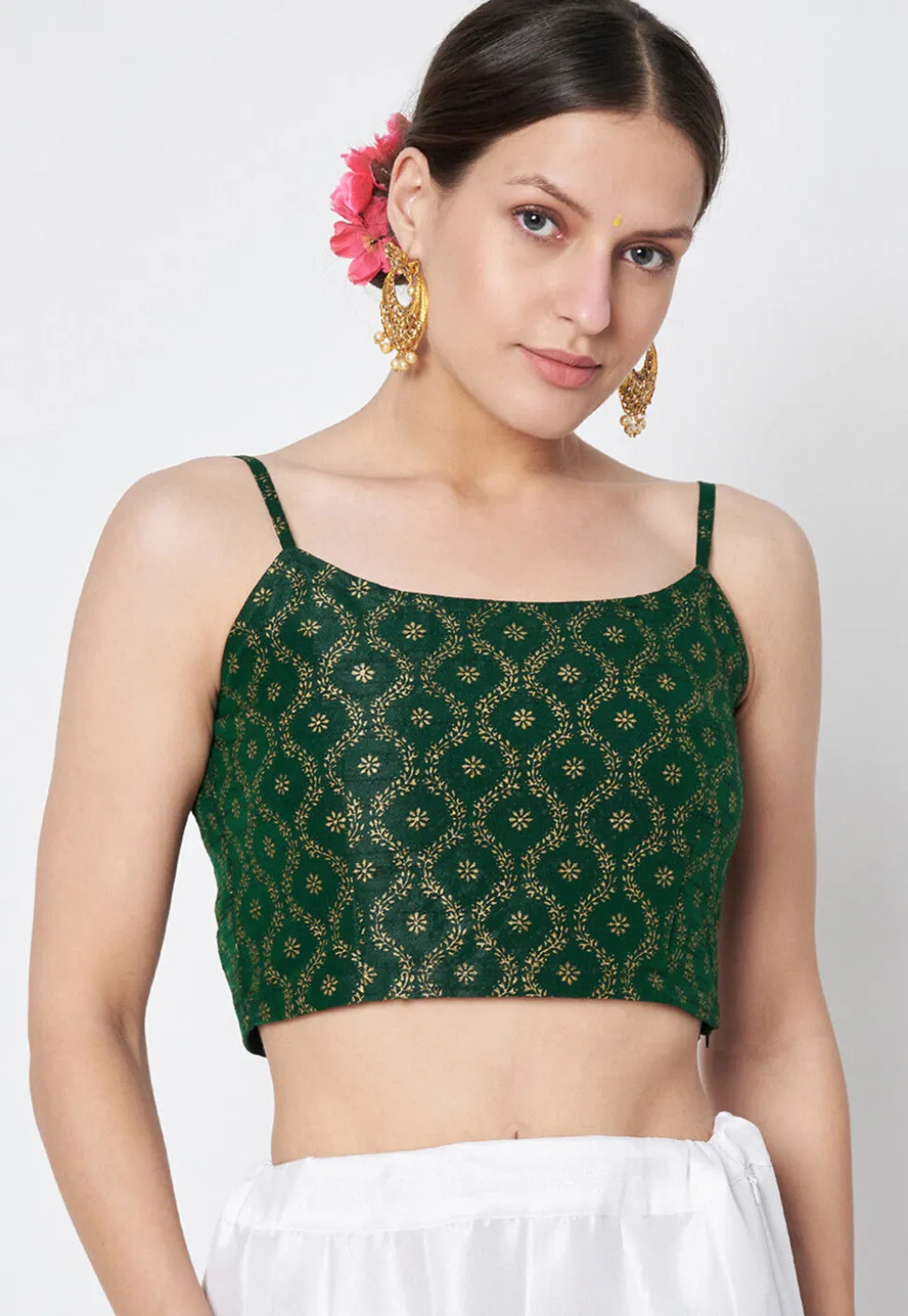 Block Printed Dupion Silk Blouse in Dark Green