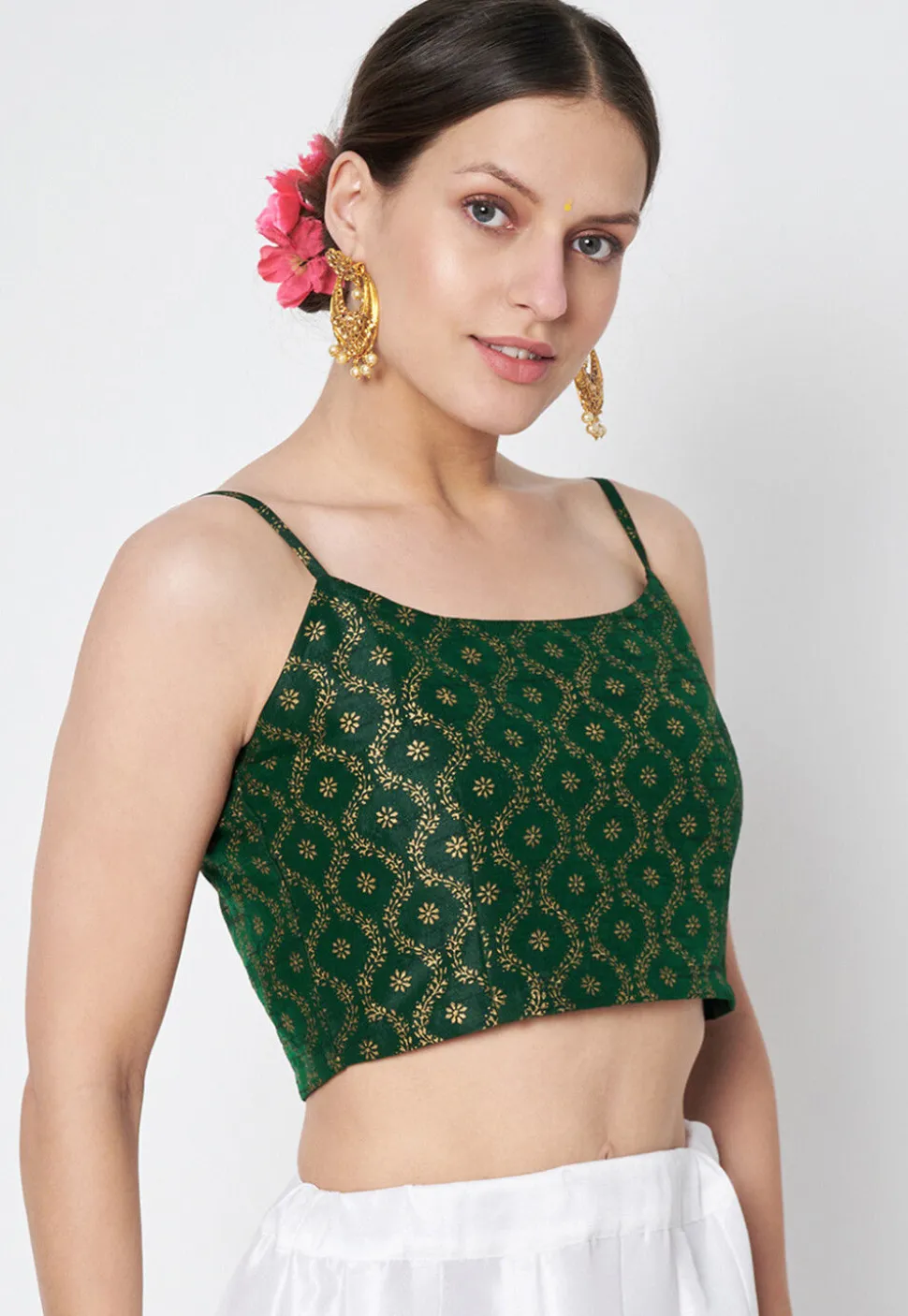 Block Printed Dupion Silk Blouse in Dark Green