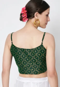 Block Printed Dupion Silk Blouse in Dark Green