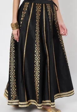 Block Printed Dupion Silk Skirt in Black