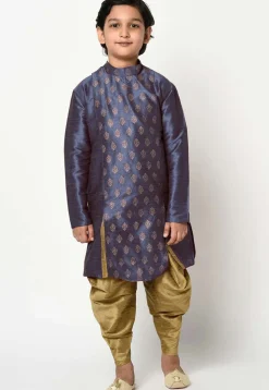 Block Printed Dupion Silk Kurta Set in Navy Blue