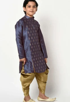 Block Printed Dupion Silk Kurta Set in Navy Blue