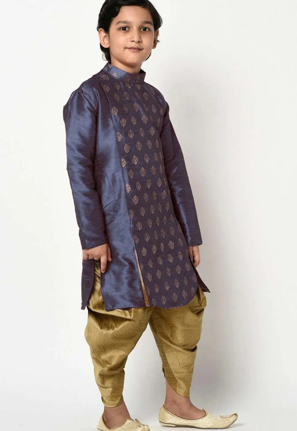 Block Printed Dupion Silk Kurta Set in Navy Blue