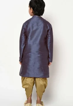 Block Printed Dupion Silk Kurta Set in Navy Blue