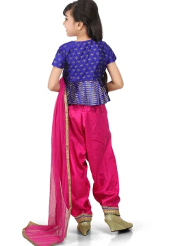 Block Printed Dupion Silk Angrakha Style Suit in Blue