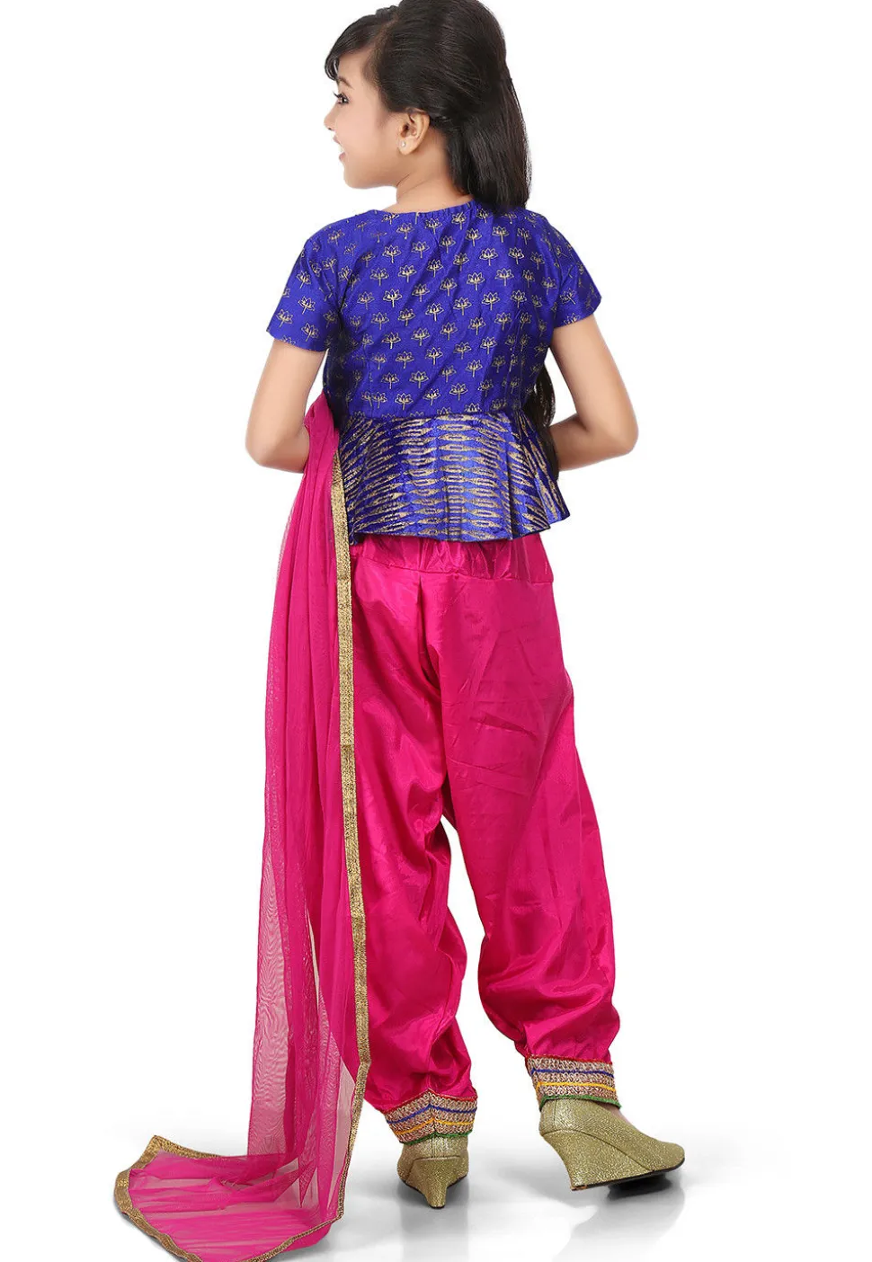 Block Printed Dupion Silk Angrakha Style Suit in Blue