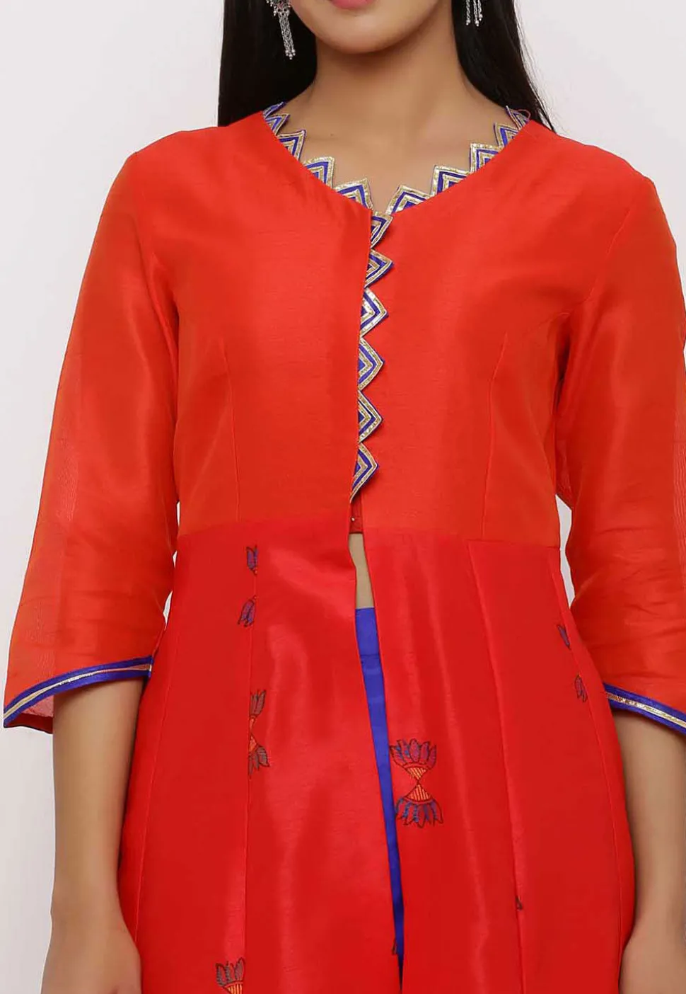 Block Printed Dupion Silk Abaya Style Suit in Red