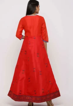 Block Printed Dupion Silk Abaya Style Suit in Red