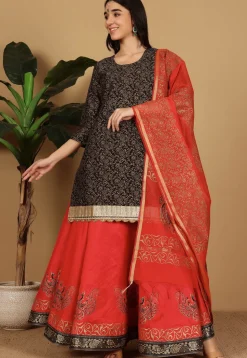 Block Printed Dupion Silk Lehenga in Red