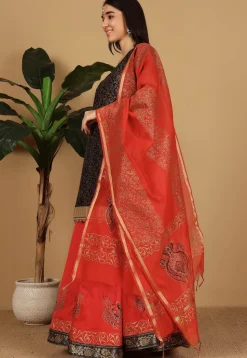 Block Printed Dupion Silk Lehenga in Red