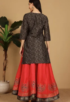 Block Printed Dupion Silk Lehenga in Red