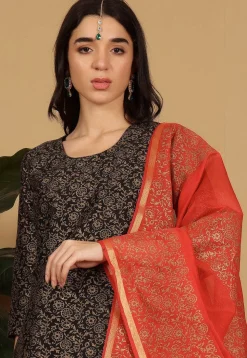 Block Printed Dupion Silk Lehenga in Red