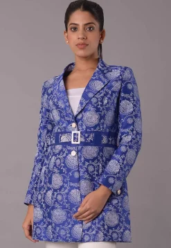 Block Printed Dupion Silk Jacket in Royal Blue