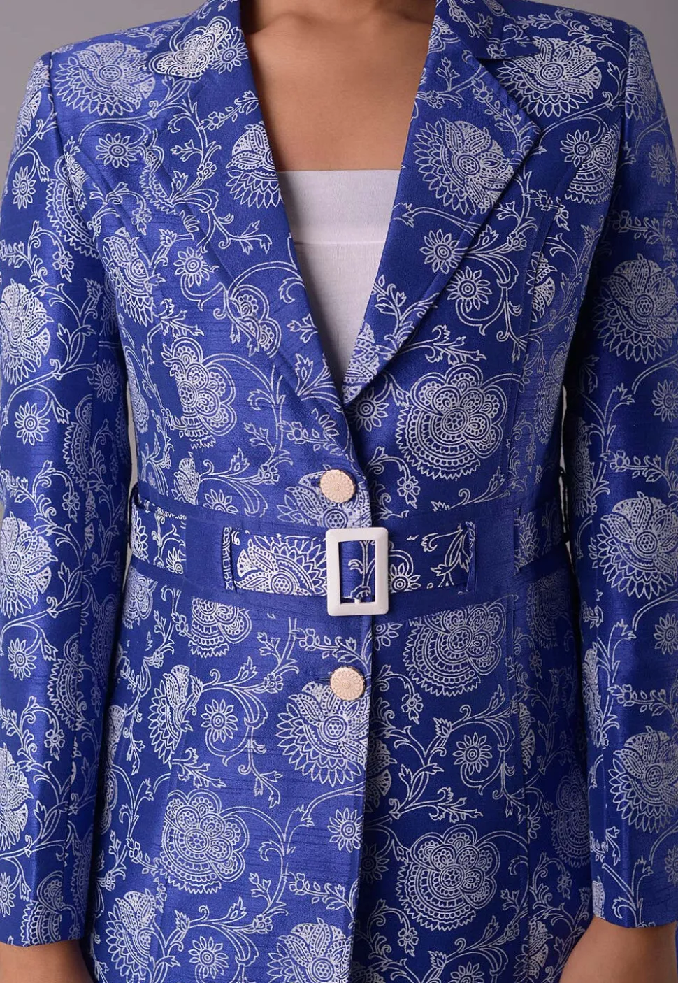 Block Printed Dupion Silk Jacket in Royal Blue