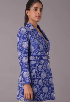 Block Printed Dupion Silk Jacket in Royal Blue